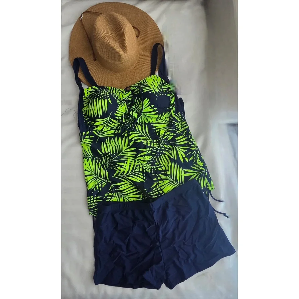 Cupshe Tropical Palm‎ Leaf Tankini Set Neon Green Navy Blue Boy Shorts Swimsuit